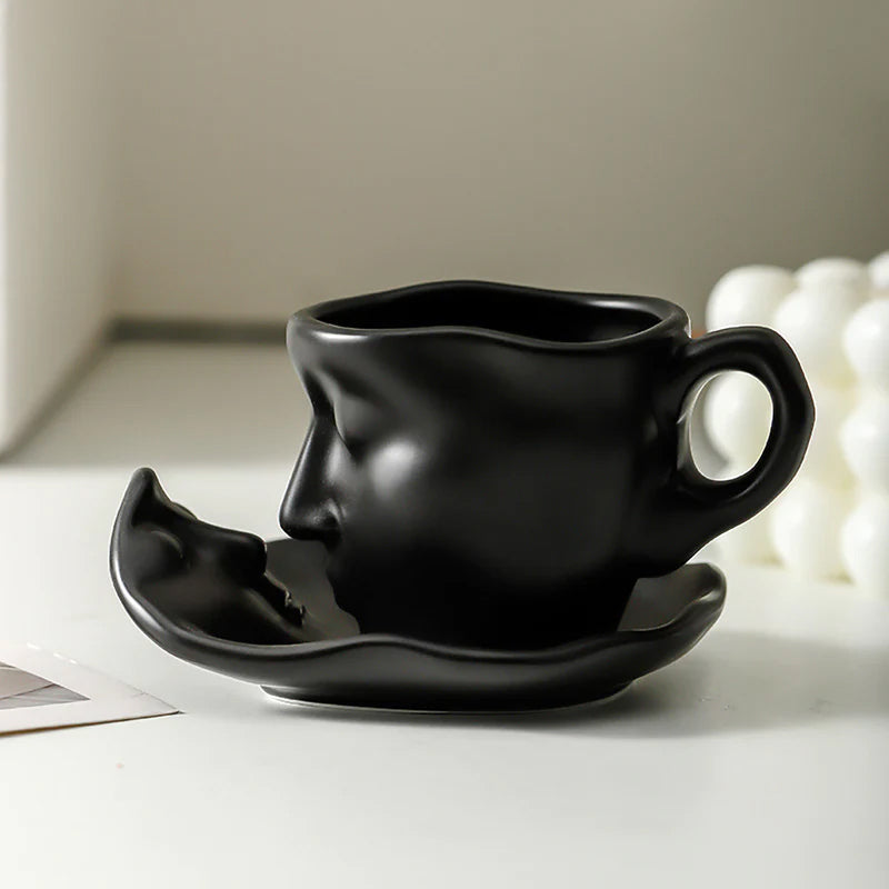 A creative coffee cup in the shape of a ceramic face