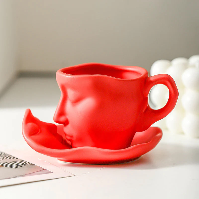 A creative coffee cup in the shape of a ceramic face