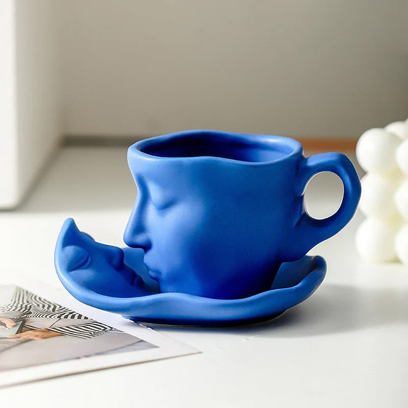 A creative coffee cup in the shape of a ceramic face