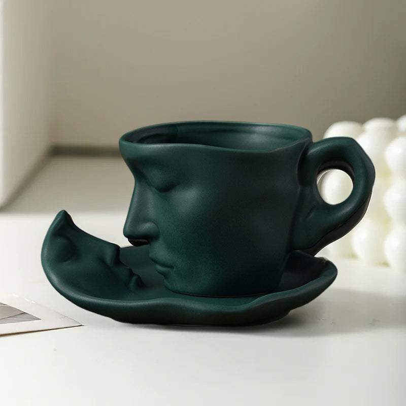 A creative coffee cup in the shape of a ceramic face