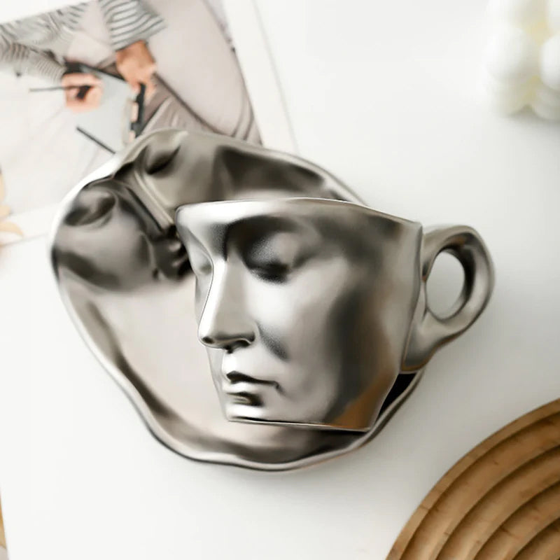 A creative coffee cup in the shape of a ceramic face