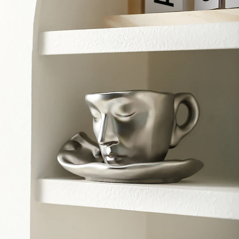 A creative coffee cup in the shape of a ceramic face