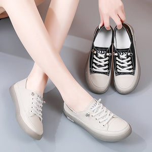 Soft leather casual shoes for women with elastic laces 