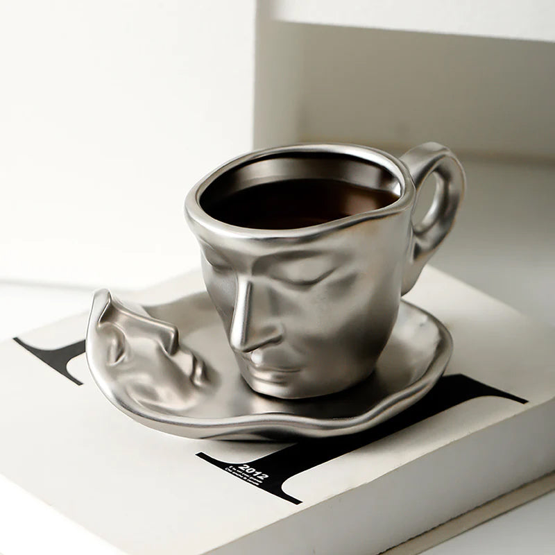 A creative coffee cup in the shape of a ceramic face