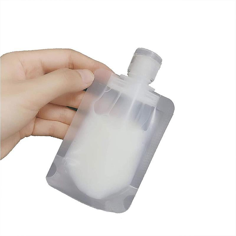 Portable packaging bags for distributing travel liquids 
