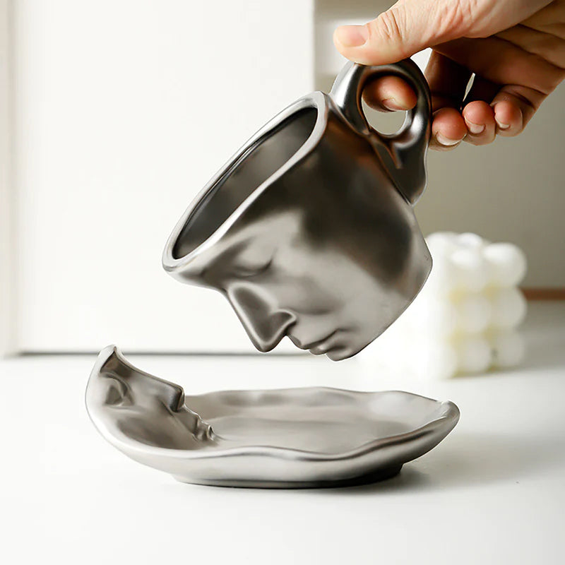 A creative coffee cup in the shape of a ceramic face