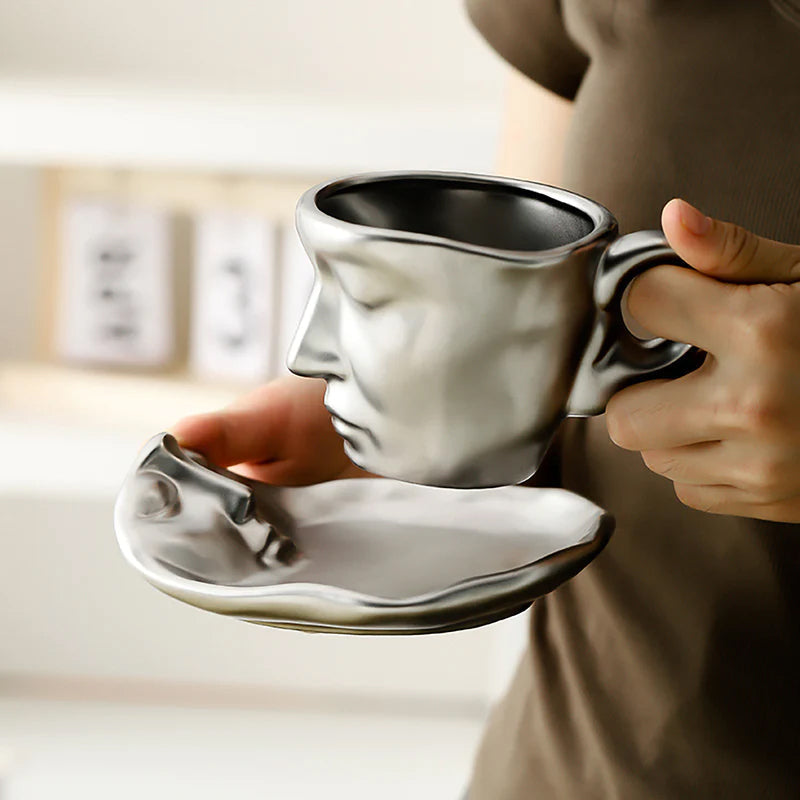 A creative coffee cup in the shape of a ceramic face