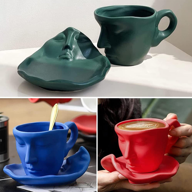 A creative coffee cup in the shape of a ceramic face