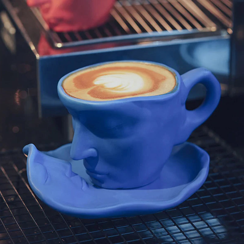 A creative coffee cup in the shape of a ceramic face