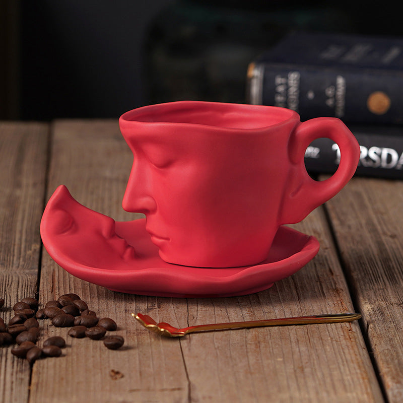 A creative coffee cup in the shape of a ceramic face